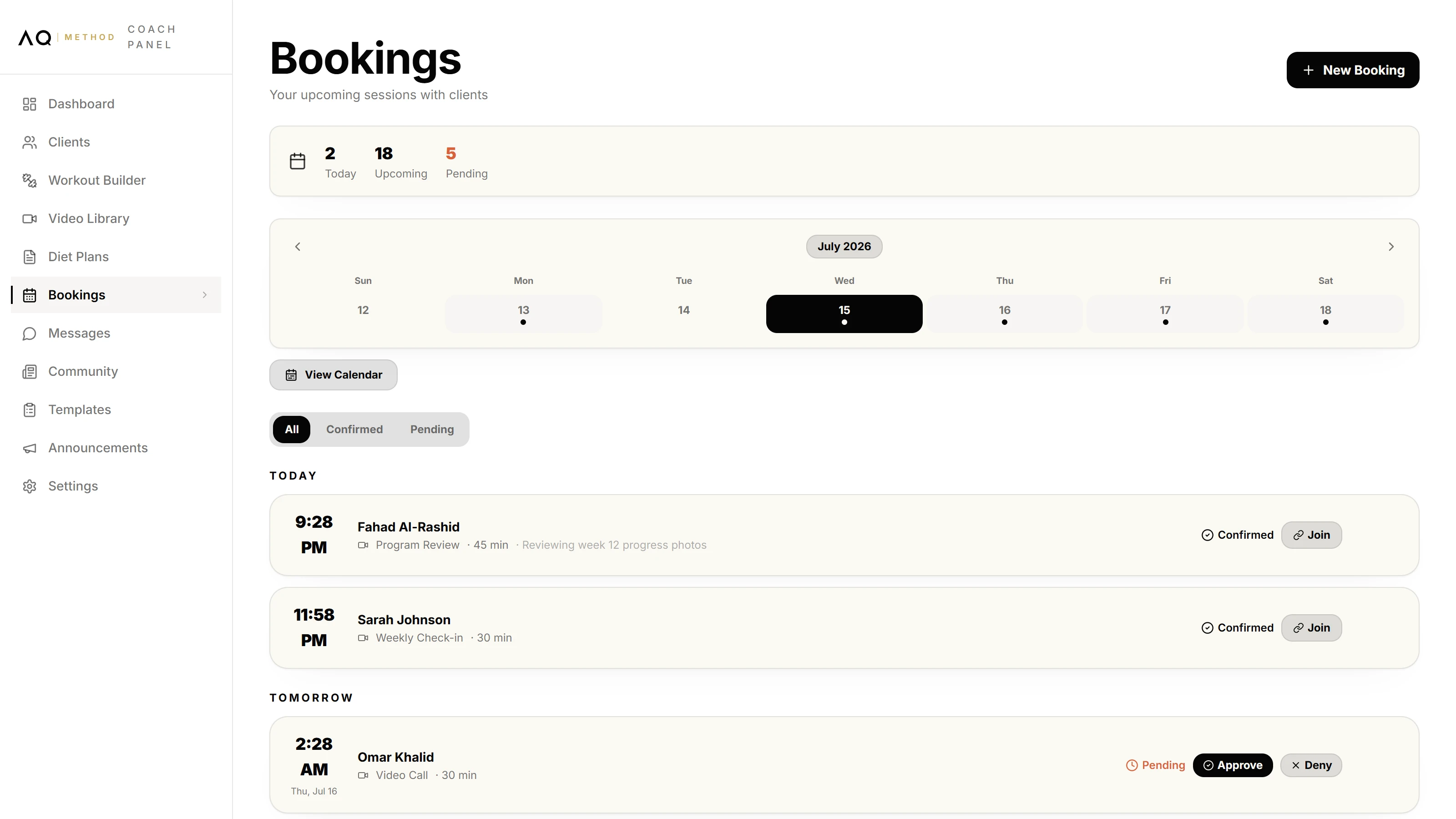 Session bookings